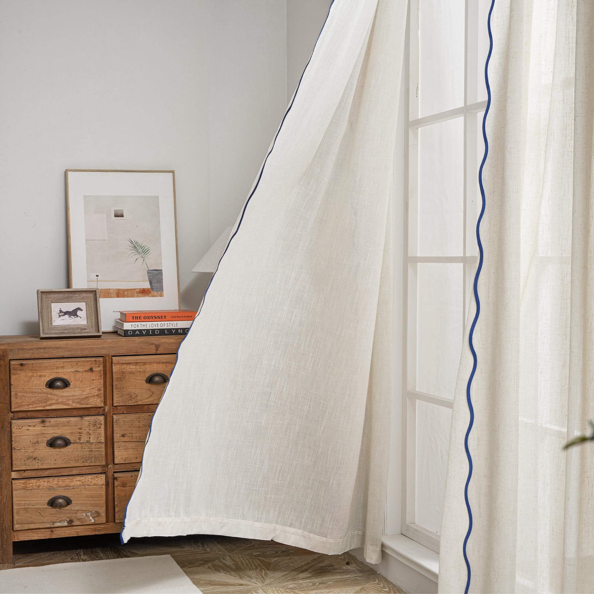 DriftAway Semi Sheer Scalloped Edge Linen Coastal Beach Window Curtains for Living Room Bedroom 2 Panels Rod Pocket Each Size 52 Inch by 96 Inch Navy