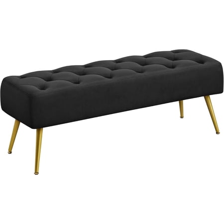 Modern Ottoman Bench Velvet Bench Upholstered Footrest with Gold Metal Legs and Padded Seat Black