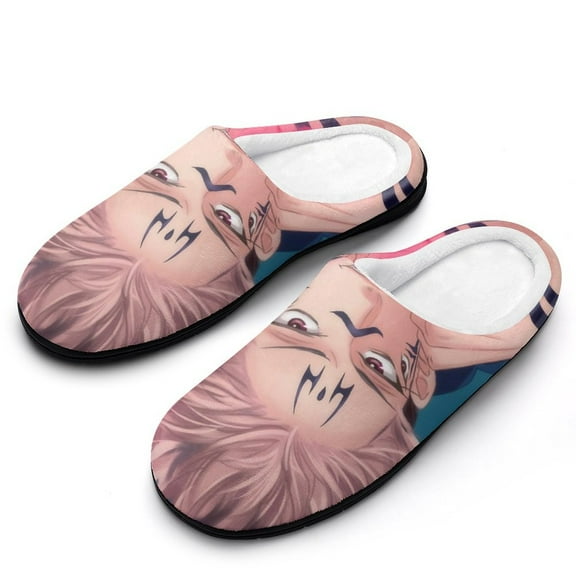 Jujutsu Kaisen Anime Men's Cotton Slippers Winter Fuzzy Lightweight Anti-slip Rubber Sole Slippers House Open Back Slippers Closed Toe Slippers