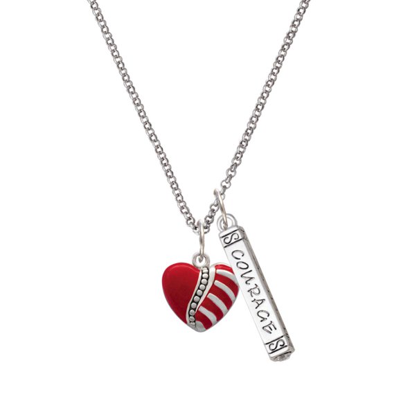 Delight Jewelry Silvertone Striped Red Enamel Heart with Beaded Decoration Silvertone Courage Strength Wisdom Honesty Bar Charm Necklace, 23"