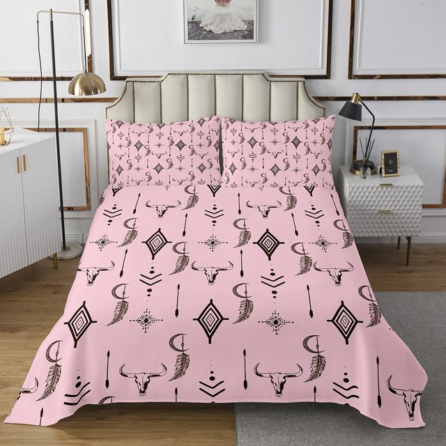 Erosebridal Boho Aztec Bedspread Sets King Size, Pink Bed Quilt, Sheep Skeleton Decor 3 Pieces