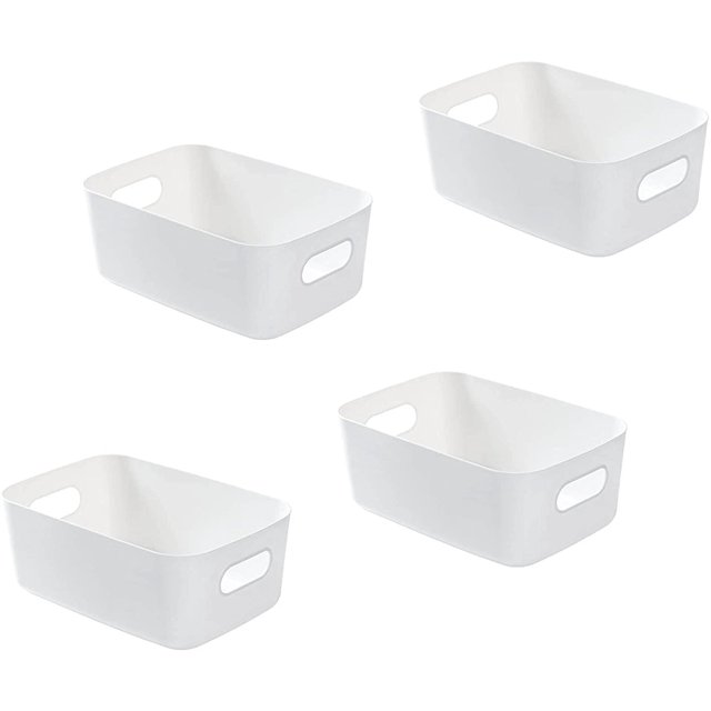 Juego de 4 Cestas de Almacenamiento de Plástico Blanco, Cesta de Almacenamiento de Plástico, Cesta de Plástico con Asa para Armarios Apilables, Cocina, Dormitorio, Baño, Oficina, 19x13,5x7,5cm Blanco