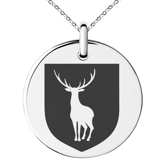 Stainless Steel Stag Purity Coat of Arms Shield Engraved Small Medallion Circle Charm Pendant Necklace