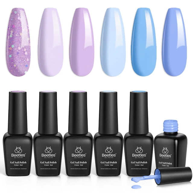 Set de esmaltes de uñas en gel con forma de escarabajos, 6 colores, purpurina, azul cielo y morado