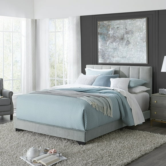 Reece Channel Stitched Upholstered Queen Bed, Platinum Gray, by Hillsdale Living Essentials