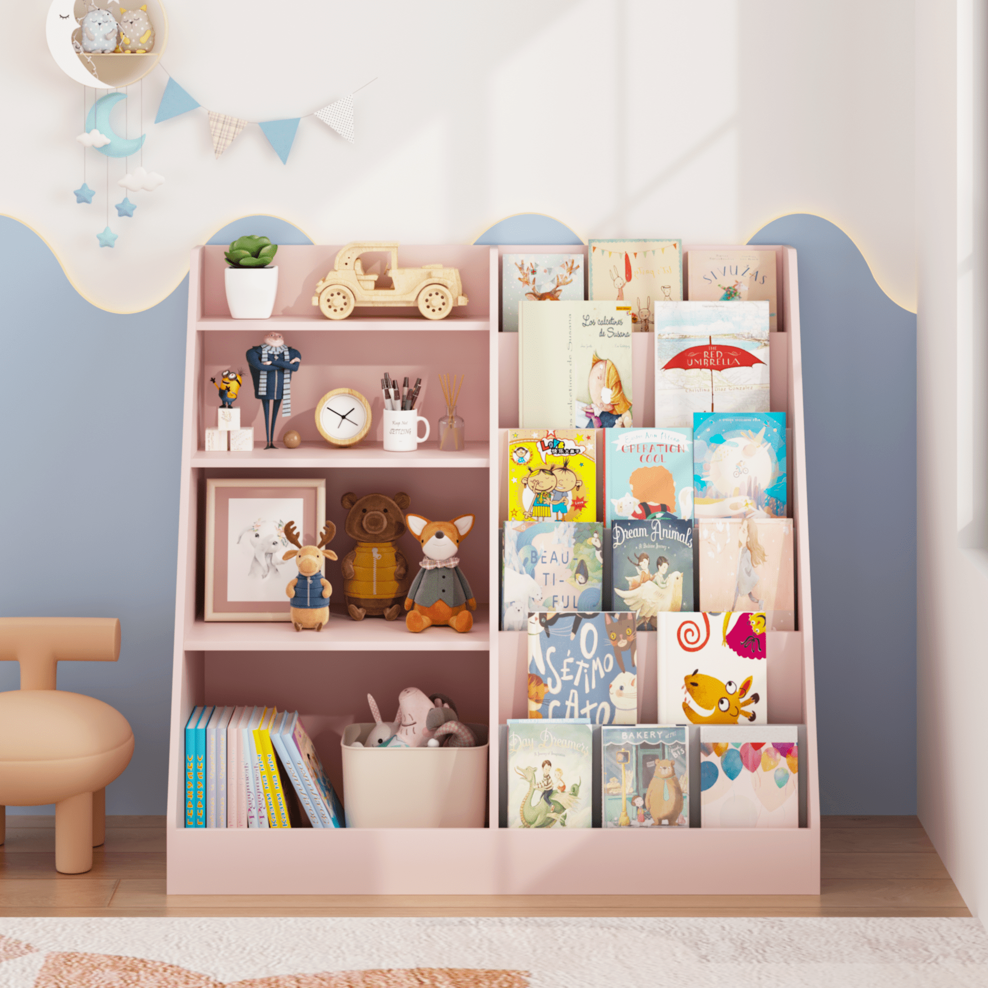 New Kids Bookshelf and Toy Storage Organizer, Multifunctional 4 Tier Wooden Kids Book Shelf with Bookcase Display Stand in Kids Room Playroom Nursery for Kids, Children, Toddlers (Pink)