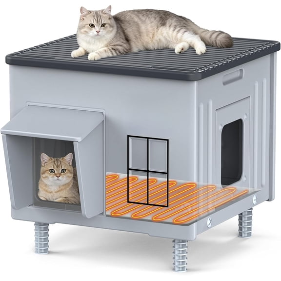 Indestructible Heated Cat House for Outside Cats Winter,Weatherproof & Insulated & Elevated Feral Cat House with Escape Door, Outdoor Indoor Cat Shelter for Stray Barn Cat 17.7×17.7×17.5
