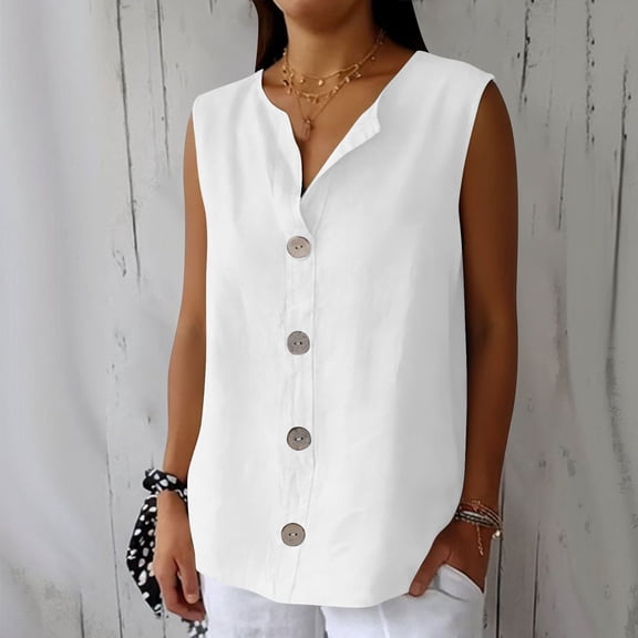 Xdegoge Casual V Neck Sleeveless Blouses for Women Cotton Linen Button Up Tank Tops Relaxed Fit Summer Camisoles Flowy Shirts Lightweight Daily Work Office Wear