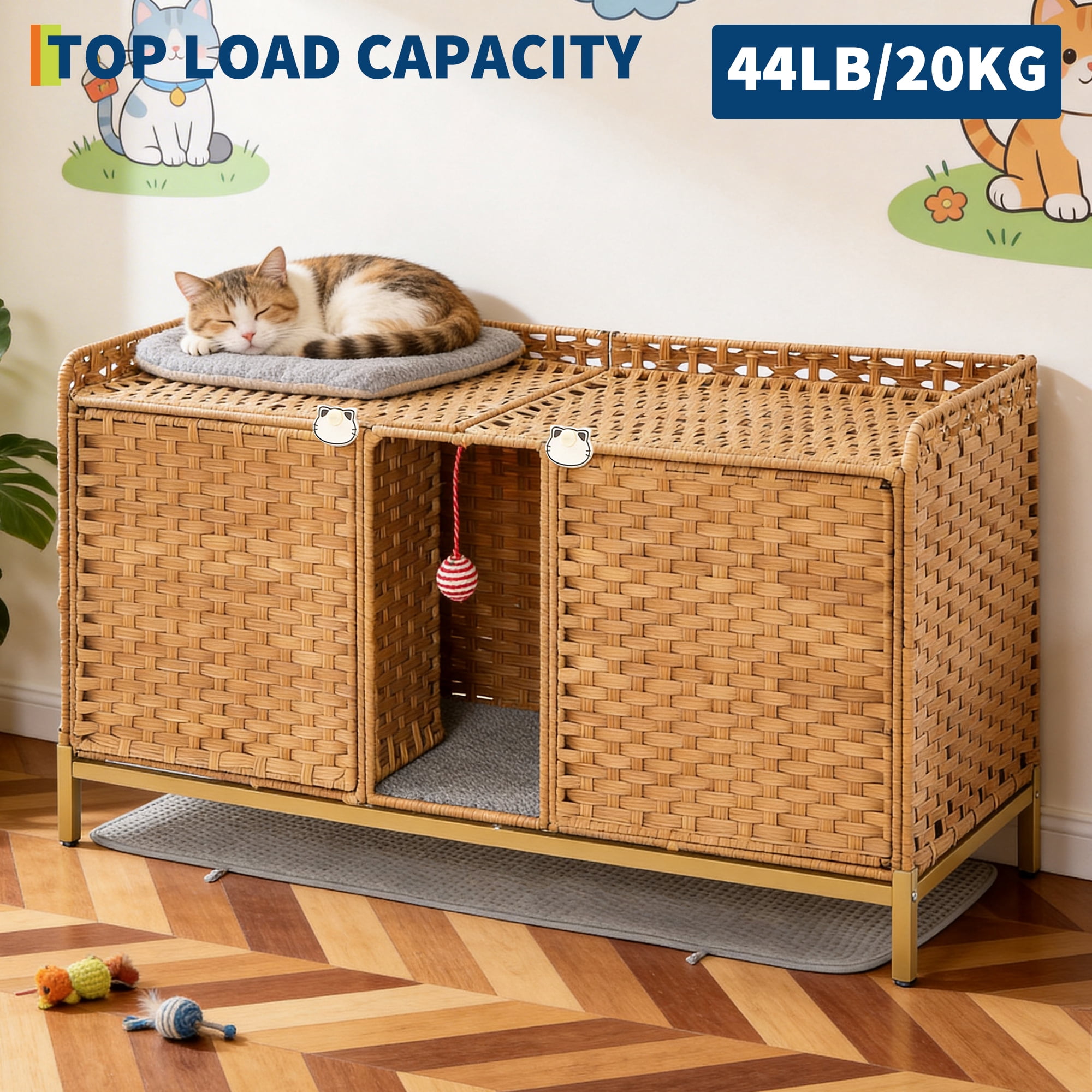 Rattan Double Cat Litter Box Enclosure - Hidden Cabinet for 2 Cats with Removable Mat, S-Shaped Hooks & Play Game - Decorative Large Cat Washroom Furniture for Living Room or Bedroom - Natural Color