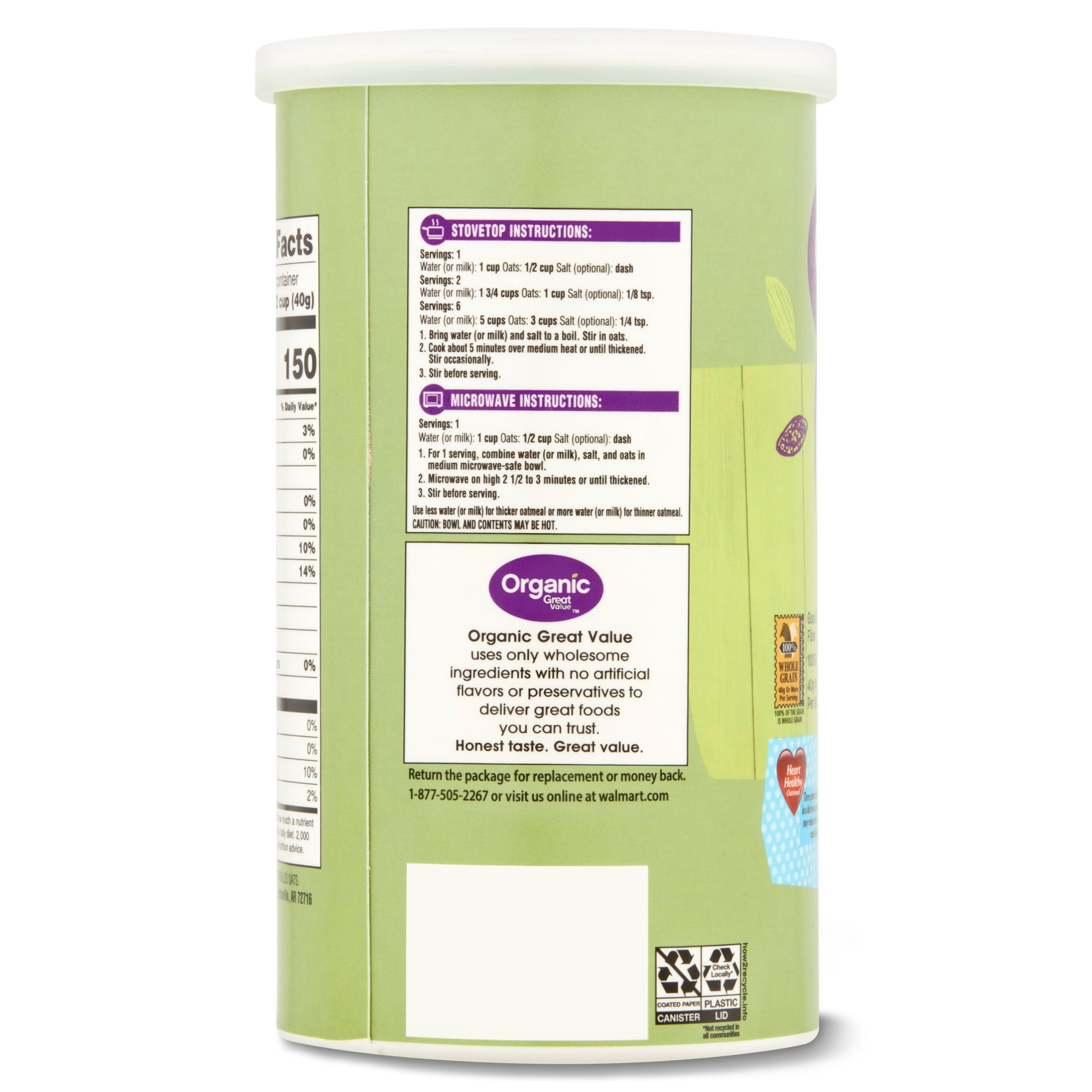 Great Value Organic Old Fashioned Oats, 18 oz Carton