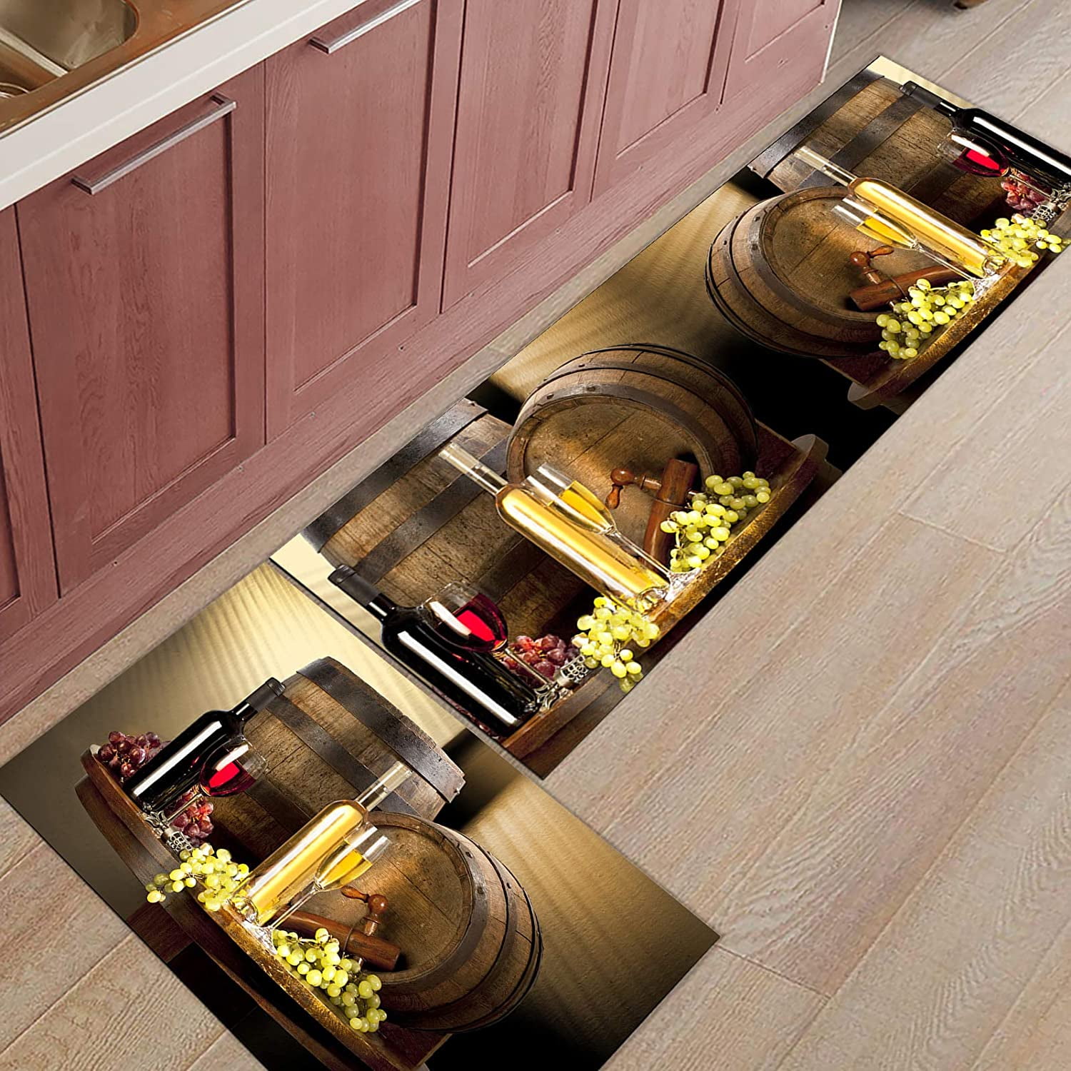 Wines Kitchen Rug Set 2 Piece, Non Slip Kitchen Rugs and Mats Cushioned