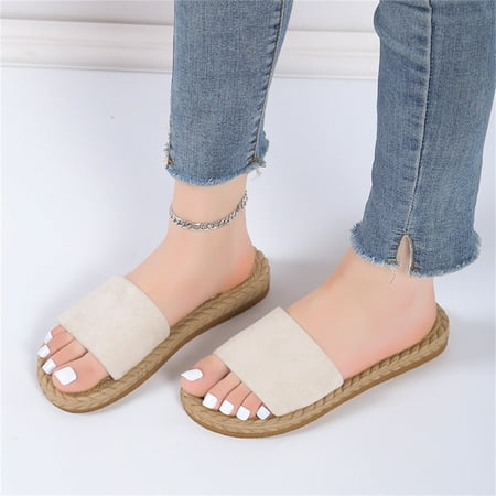 

NECHOLOGY Dog Slippers for Women Ladies Fashion Solid Color Suede Strap Straw Woven Bottom Flat Loaf of Bread Slippers for Women Beige 8.5
