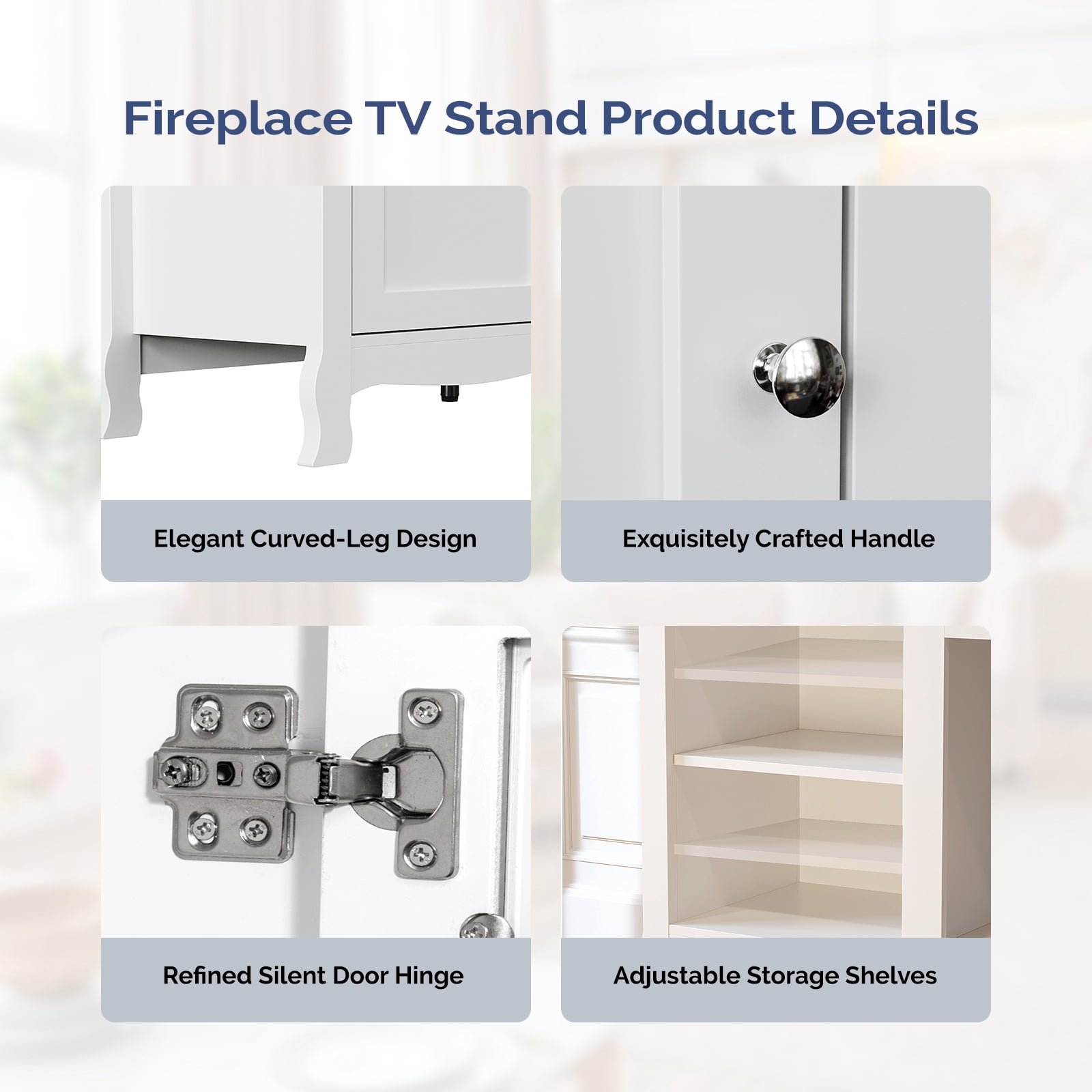 Ktaxon Modern Fireplace TV Stand, White Entertainment Center Curved Design Leg with 2 Doors for 55/60/65" TVs, White
