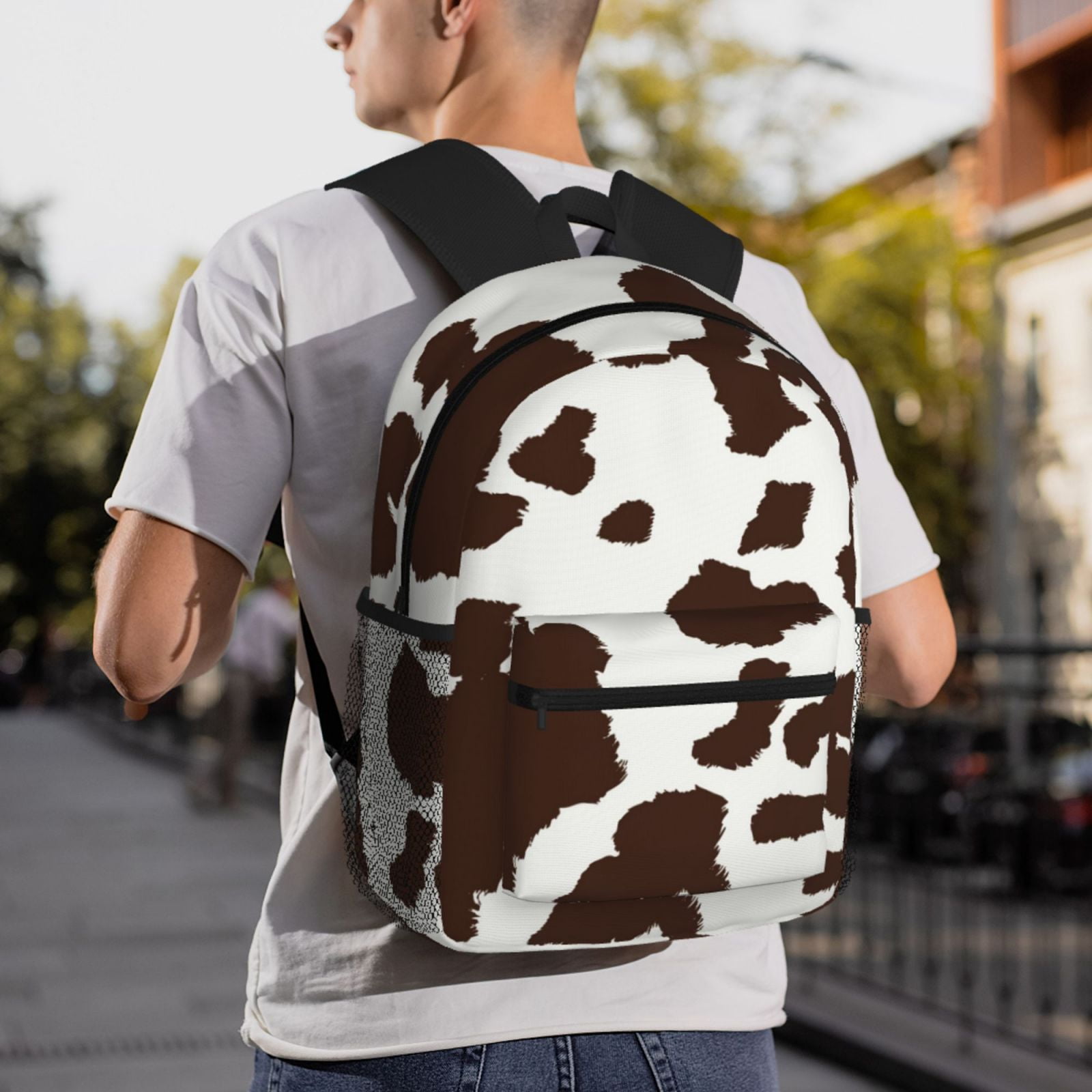 Horeoi Brown Cow Print Casual Backpack for School Work Travel Hiking with Laptop Compartment and Side Pockets Lightweight Design