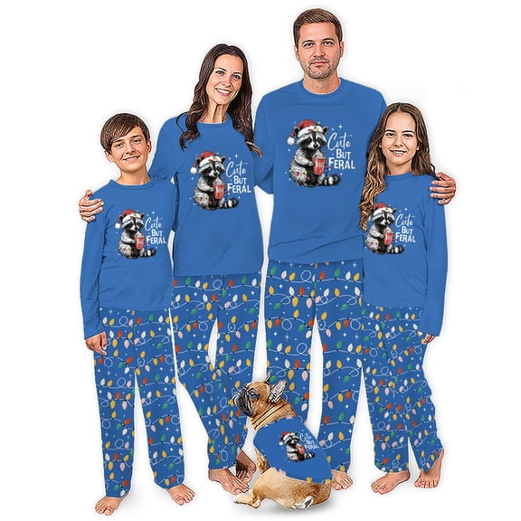 Cute But Feral Raccoon Matching Family Christmas Pajamas, Family And Dog Holiday PJs, Plus Sizes, With Pockets