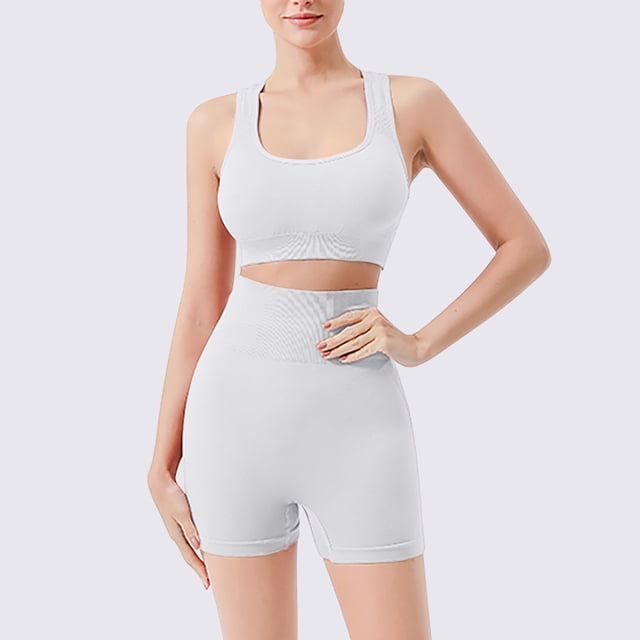 Conjunto de dos piezas de sujetador deportivo con amortiguación para mujer, pantalones cortos deportivos de cintura alta sin costuras y almohadillas para el pecho, ropa moldeadora para mujer