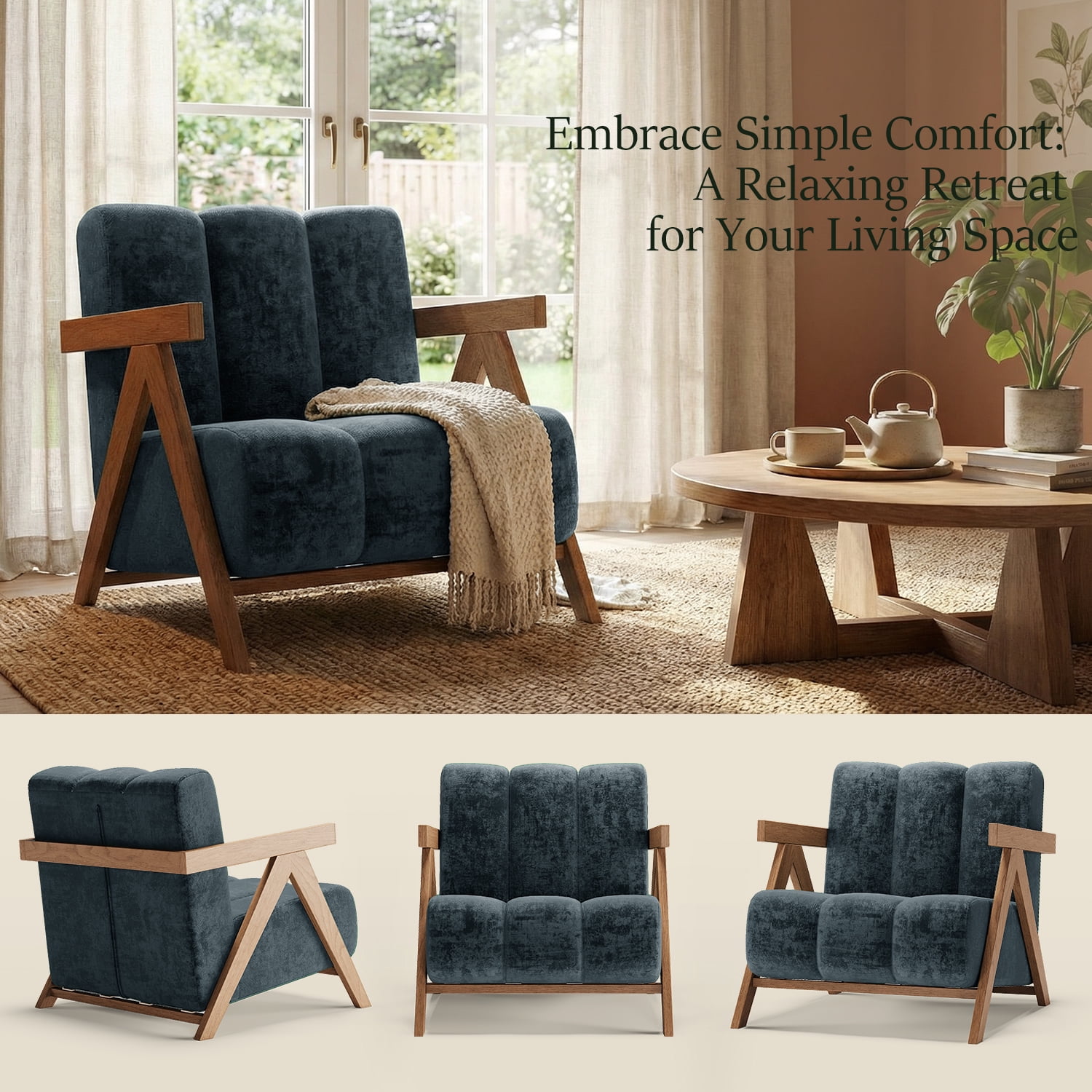 Modern Accent Chair Set of 2 for Living Room Bedroom,Comfy Chenille Reading Chair with Wood Frame,Upholstered Lounge Armchair with Thick High-Elastic Sponge for Apartment & Waiting Room,Blue