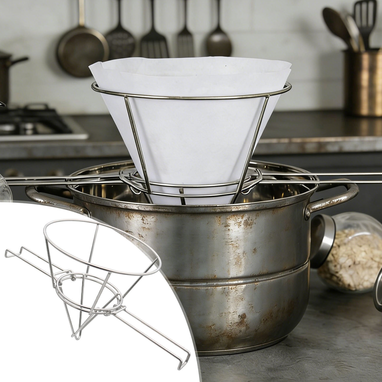 Oil Filter Stand for Deep Fryers and Maple Syrup, 304 Stainless Steel Fryer Oil Strainer with Fine Mesh, Foldable Arms Fit Various Pots, Reusable and Dishwasher Safe