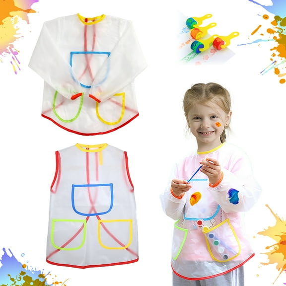 2 Pcs EVA Transparent Toddler Art Waterproof Smock Magic Stick Kids Painting Apron For Boys Girls With 3 Pockets Drawing Cooking Feeding Party Baking Eating Crafts