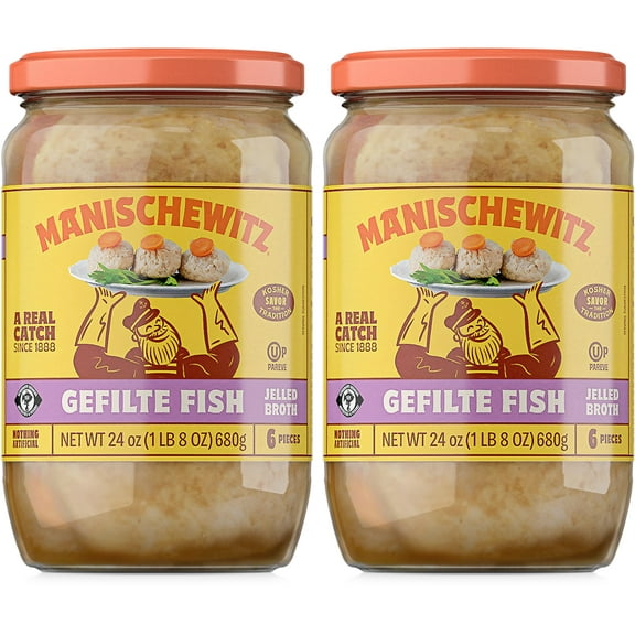 Manischewitz Gefilte Fish in Jelled Broth 24oz 2 Pack, Packed with Protein, No Added MSG, Kosher for Passover