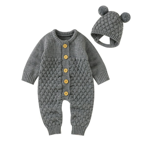 Baby Infant Knit Jumpsuits with Hat Newborn Crochet Button Front Romper Knit Overalls Crochet Set Sweater Clothe