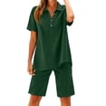 thumbnail image 4 of Costeam Womens 2 Piece Linen Blend Co Ord Set Notch Collar Button V Neck Short Sleeve Top Dual Side Pockets Elastic Waist Shorts Solid Color Summer Two Piece Outfit, 4 of 8
