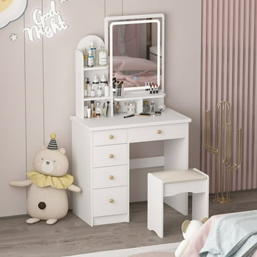 KULAGAGA Makeup Vanity with 5 Drawers and Shelves, Vanity Set with Mirror and Light for Bedroom, Makeup Organizer Dressing Table, White