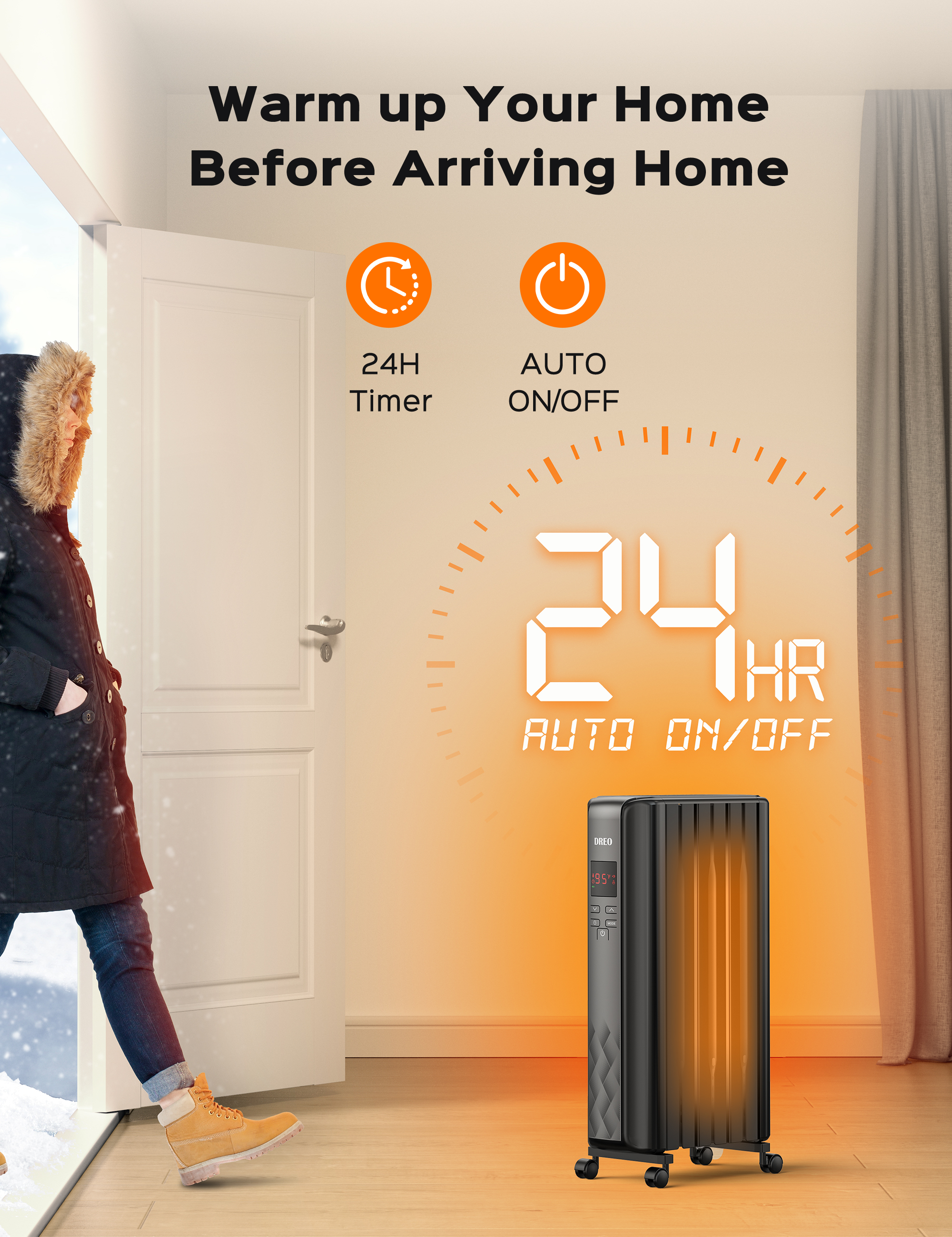 Dreo Radiator Heater, Upgrade 1500W Electric Portable Space Oil Filled Heater with Remote Control, 4 Modes, Overheat & Tip-Over Protection, 24h Timer, Digital Thermostat, Quiet, Indoor - image 3 of 7