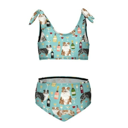 Australian Shepherd Blue And Red Merle Wine Cocktails Yappy Hour Pattern Dog Breed Girl s 2 Piece Bikini Set Beach Sport Swimsuit Swimwear 10-12Y150cm