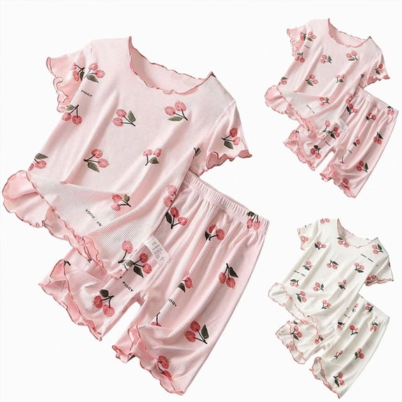 WUANDIXFA Summer Pjs for Toddler Girls for 6 12 18 24 Months 3T 4T 5T 6T Cute Soft Cotton Pajamas 2PCS, Breathable Short Sleeve Top Shorts Loungewear Pajamas Set Red,18-24 Months
