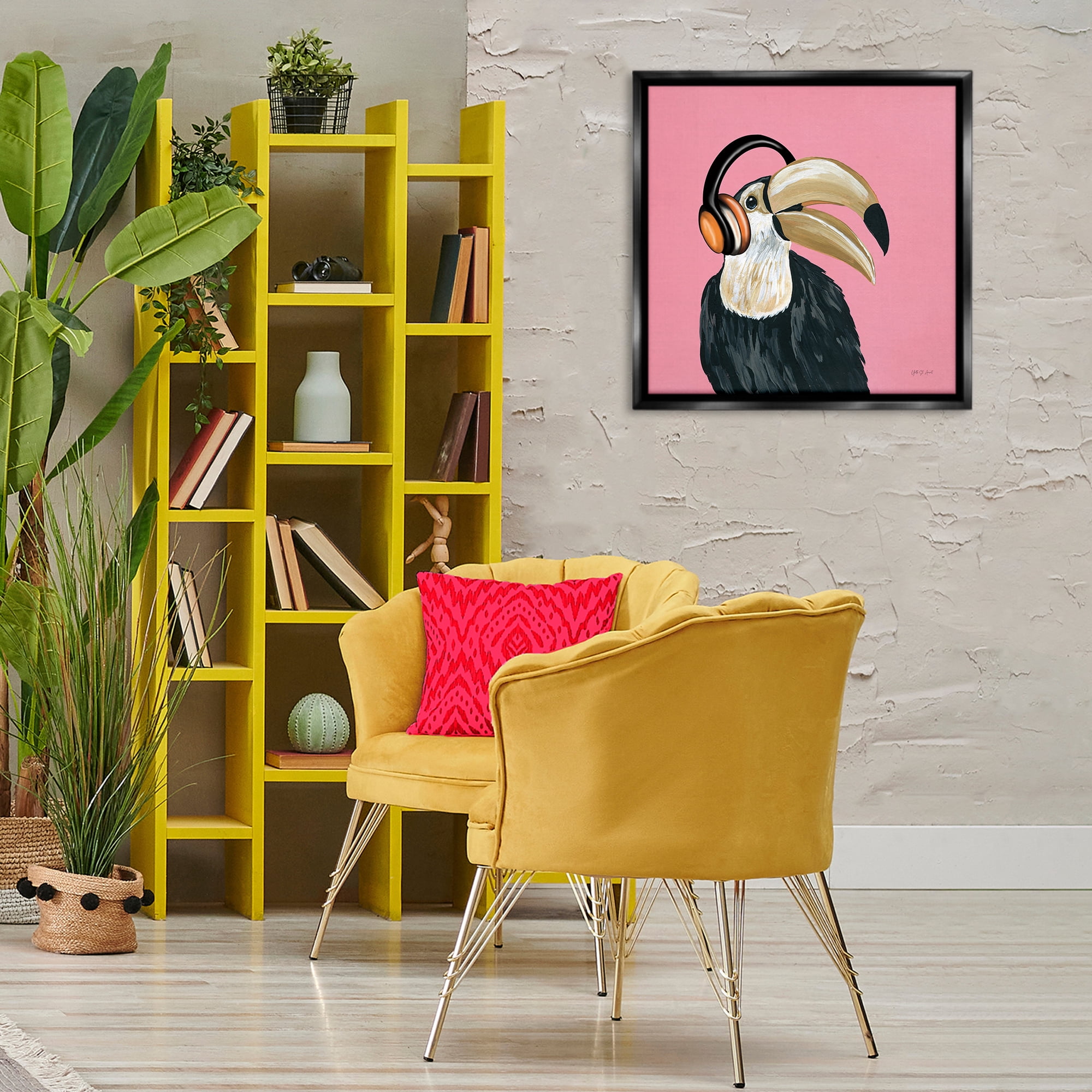 Stupell Industries Toucan with Headphones Entertainment Painting Black Floater Framed Canvas Art Print Wall Art, 25 x 25