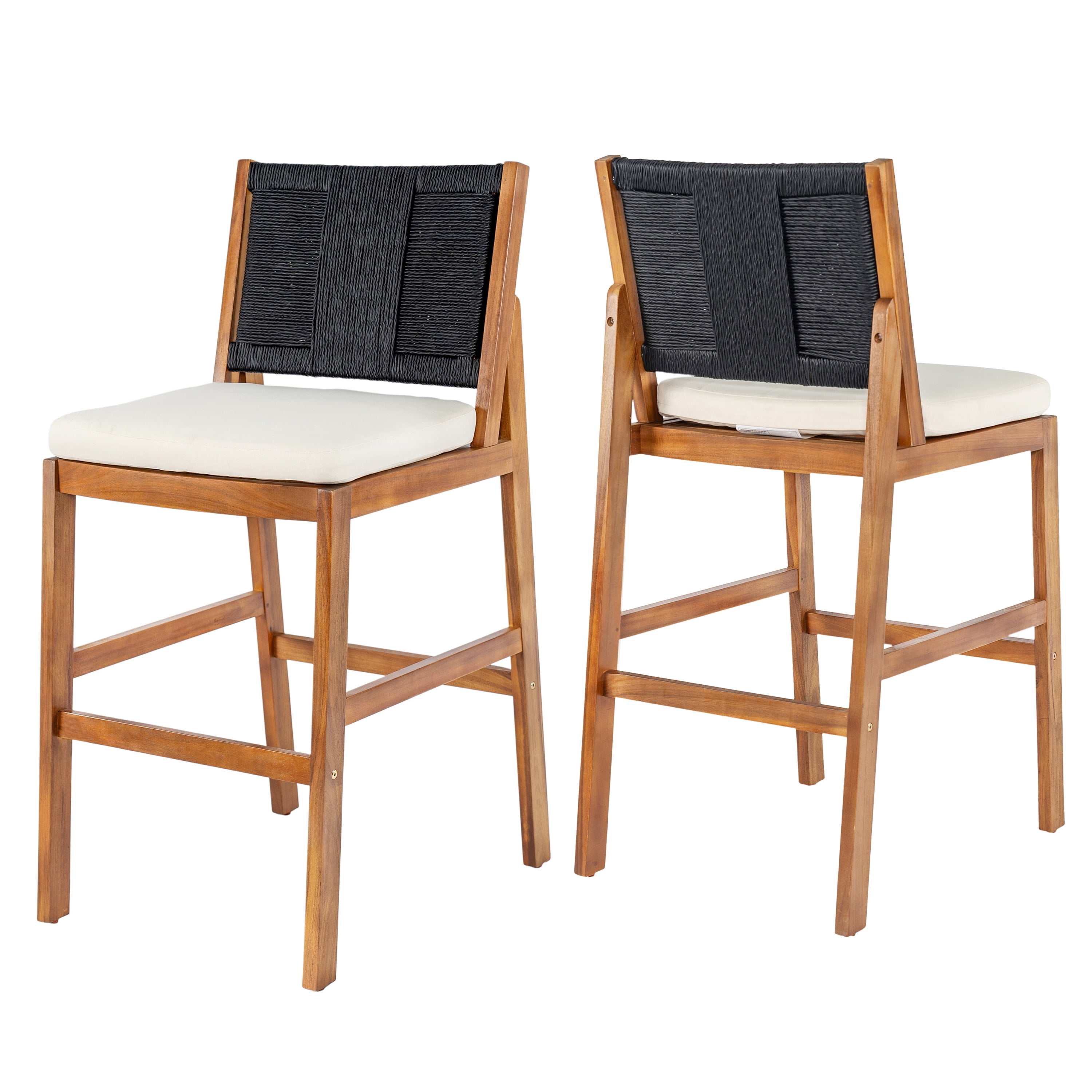 Bar Stools Set of 2, Outdoor Acacia Wood Teak Finish Bar Height Chairs with Cream Cushion, Teak