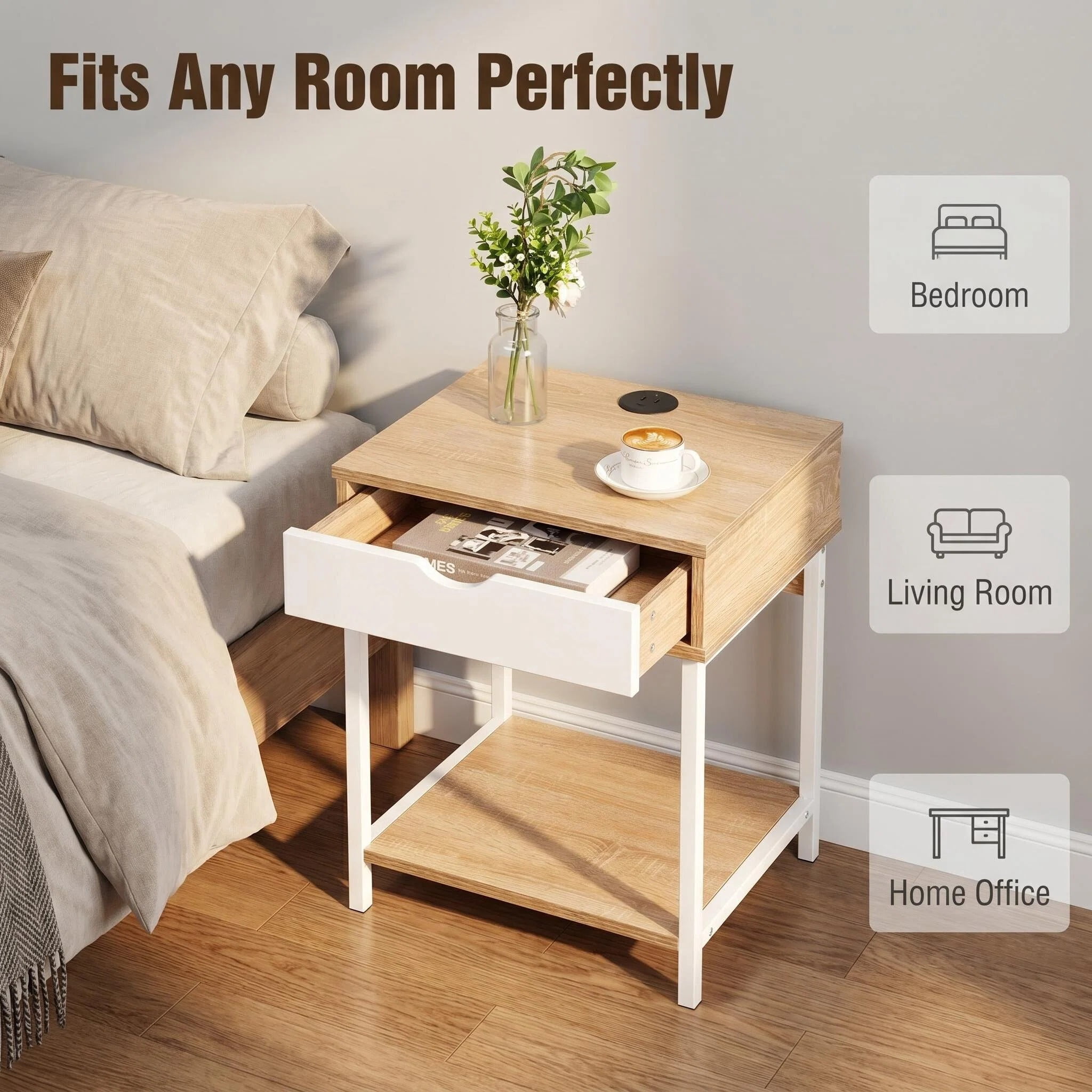 JJS Side End Table, Nightstand, Bedside Table with Drawer and Storage Shelves, Sofa Table for Living Room, Bedroom, Accent Furniture, Easy Assembly, Oak/White