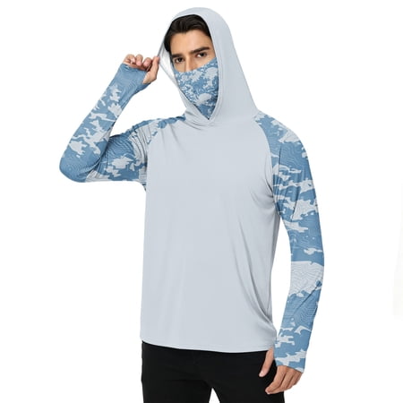 LTTVQM Men's Light Thin All Weather Hooded UV Block Top Clean Wood Tree Camo Raglan Graphic Print Built-in Neck Gaiter Breathable Outdoor Beach Cycling Hunting Shirt Light Gray M