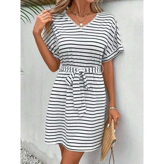 MORTTIC Women's Short Sleeve V-Neck Dress with Belt, Black and White Striped Summer Casual Dress