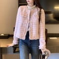 thumbnail image 4 of ZenCart Spring Women's Plaid White Tweed Cardigan Collarless Short Jacket, 4 of 7