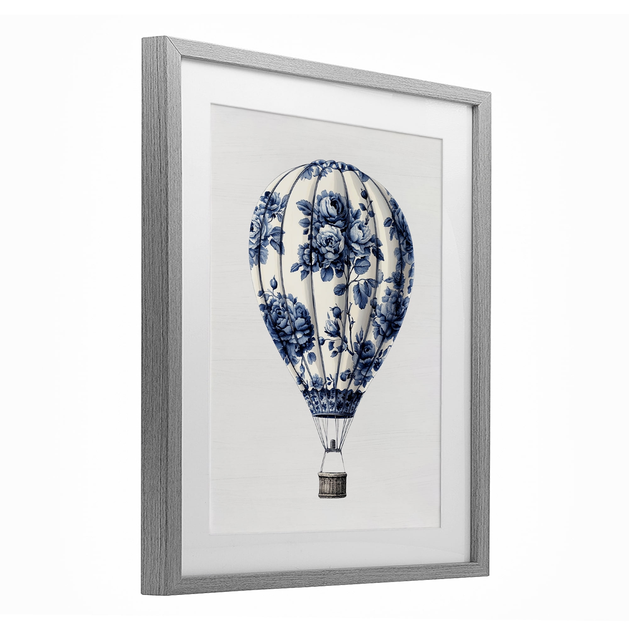 Vintage Toile Hot Air Balloon Gray Framed Print Under Glass, design by Lettered and Lined