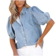 thumbnail image 2 of Xdegoge Button Down Shirt for Women Collared V Neck Puff Short Sleeve Western Casual Regular Fit Single Pocket Solid Texture Soft Durable Summer Spring Tops Work office Wear, 2 of 7