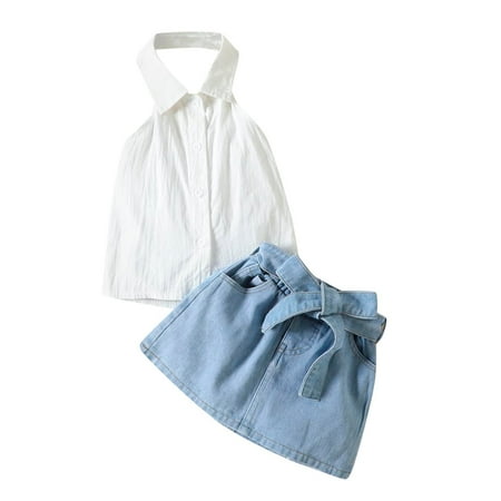 

HIBRO Toddler Girls Sleeveless Backless Vest T Shirt Tops Denim Skirts Outfits Hair Bow Baby 7 8 Girls Fall Clothes