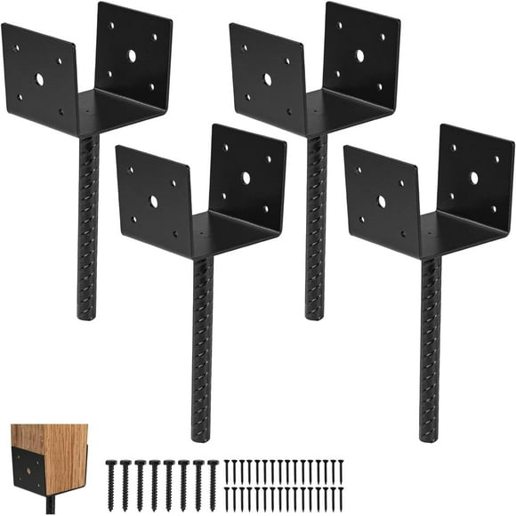 4x4 Fence Post Bracket Pergola Bracket Deck Post Base Set Black 4" x 4" Post Base Spikes x