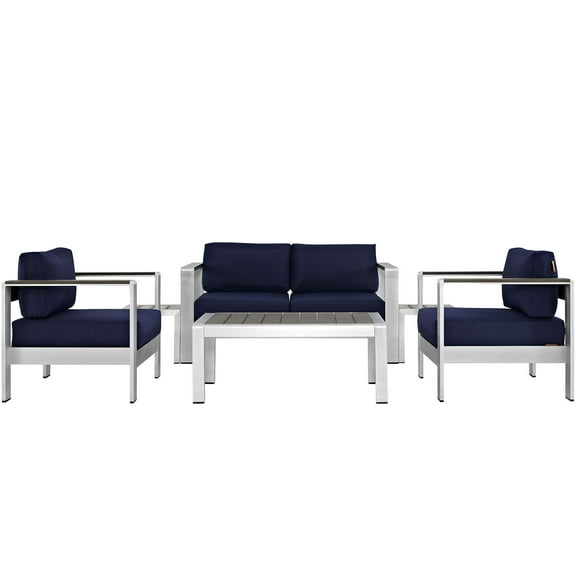 Modern Contemporary Urban Design Outdoor Patio Balcony Six PCS Sectional Sofa Set, Navy Blue, Aluminum