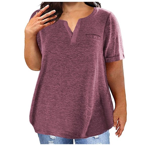 CFLVAEK Hauts et T-Shirts Surdimensionnés pour Femmes, Blouses Légères en Coton à Manches Courtes, Hauts Unis à Col en V pour Dames avec Poche