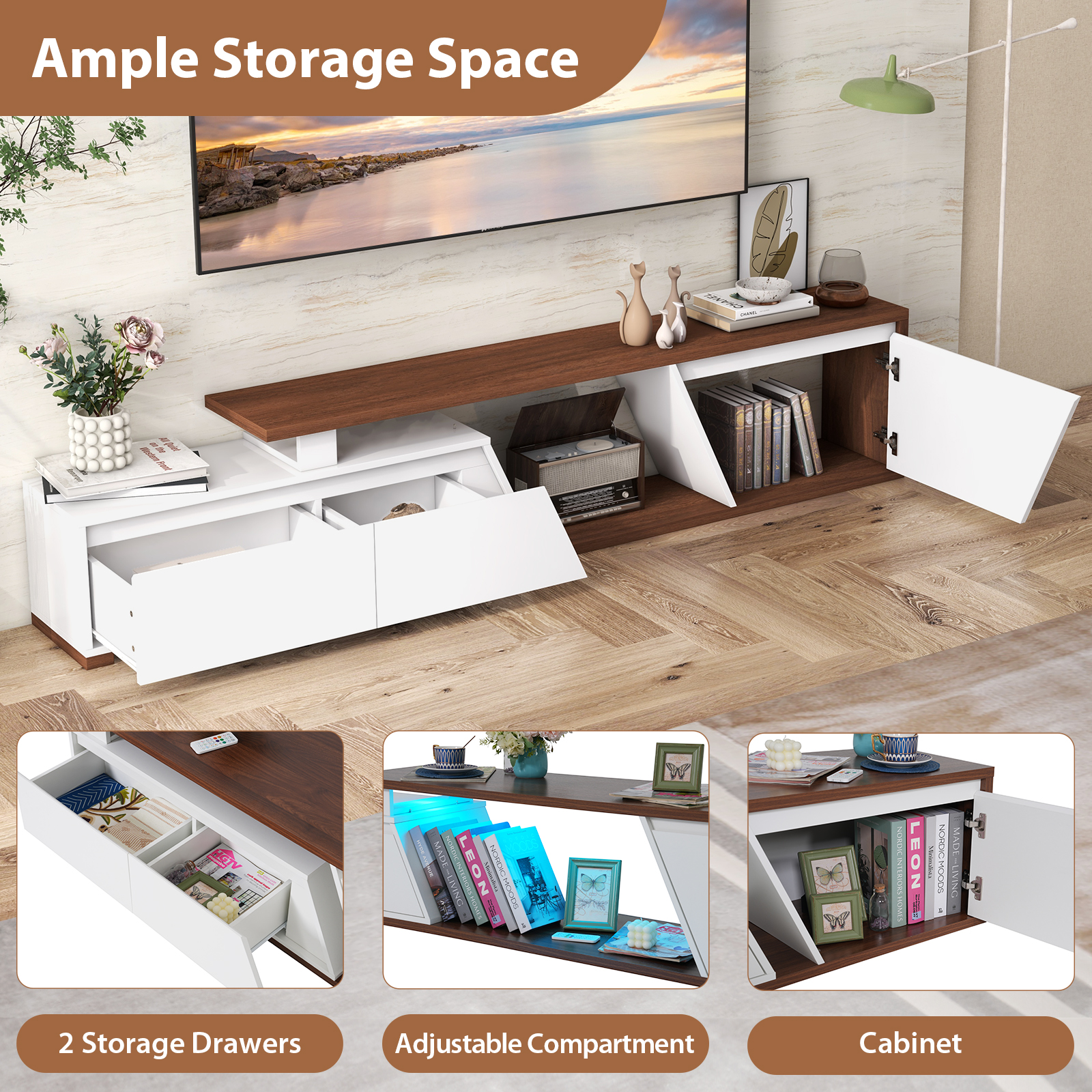 JOIVI Extendable LED TV Stand, Modern Entertainment Center with 2 Drawers, Sliding Tabletop Media Console with Storage Cabinet for Living Room, 63.0" - 90.5", White