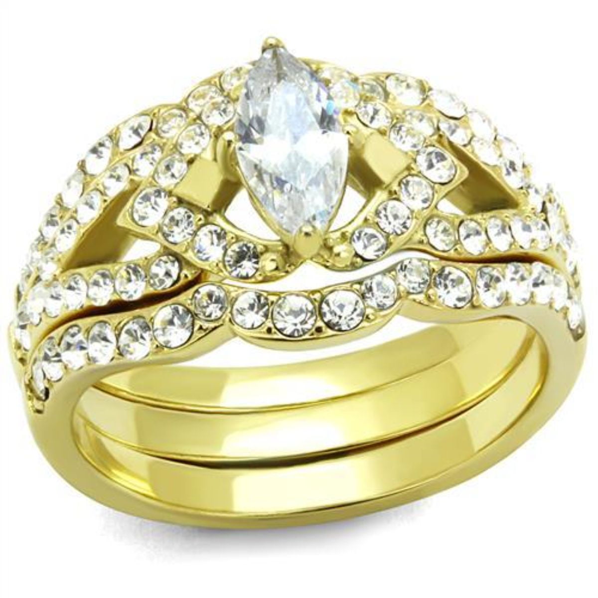 Gold Ion Plated Stainless Steel Antique style Brilliant Cut CZ Wedding Ring 