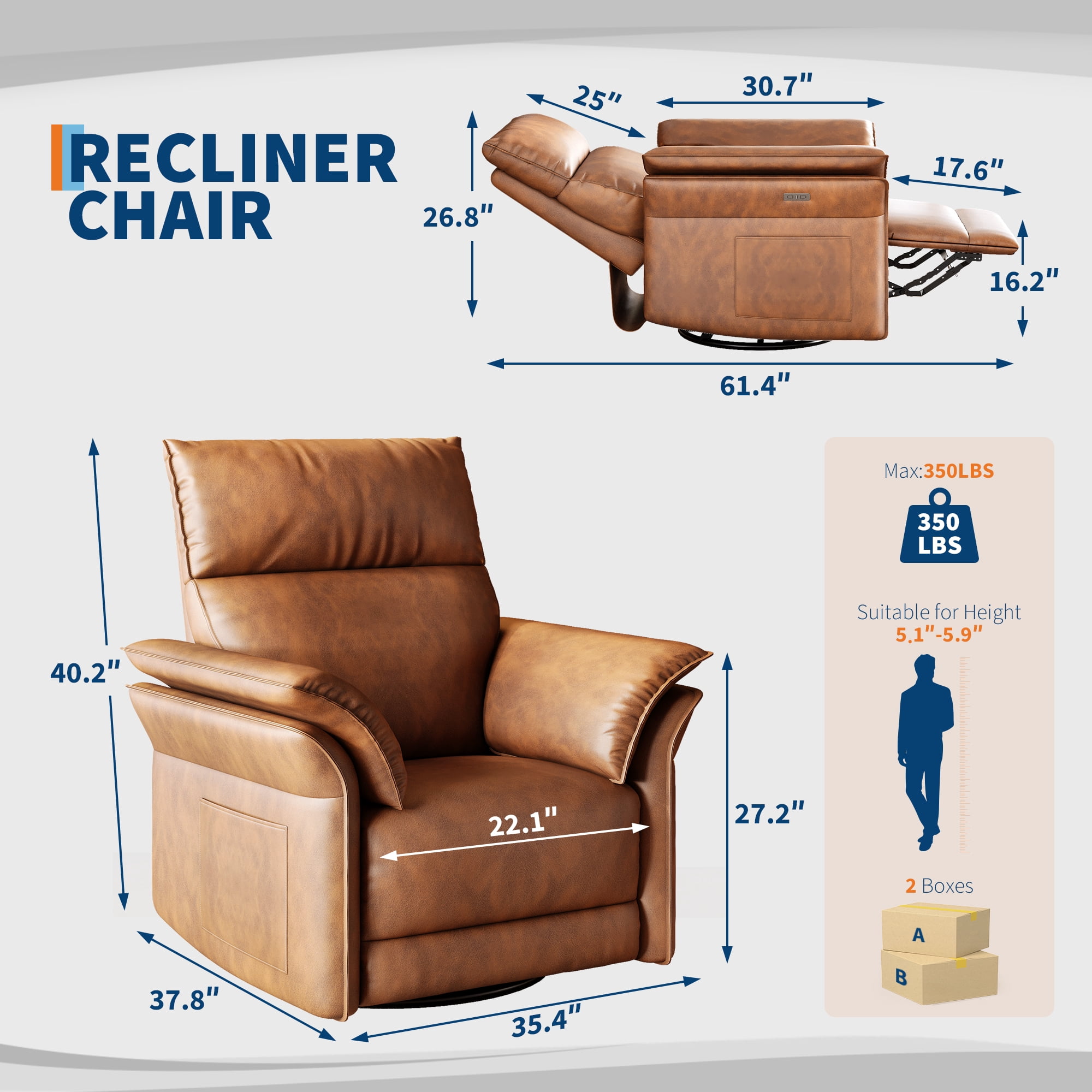 Power Recliner Chair Glider – Swivel Rocker with USB Charging Port, 270° Rotation, 350 lb Capacity, & Double-Layered Armrests – Chenille Upholstery for Living Room, Nursery, Bedroom
