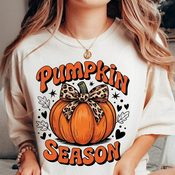 Pumpkin Season T-shirt With Leopard Bow, Trendy Fall T-shirt TH030626