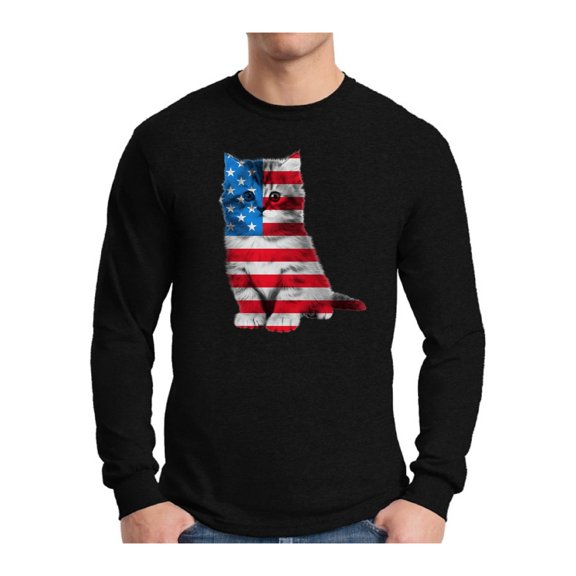 Awkward Styles Men's USA Flag Cat Graphic Long Sleeve T-shirt Tops Cute 4th of July Gift American Flag