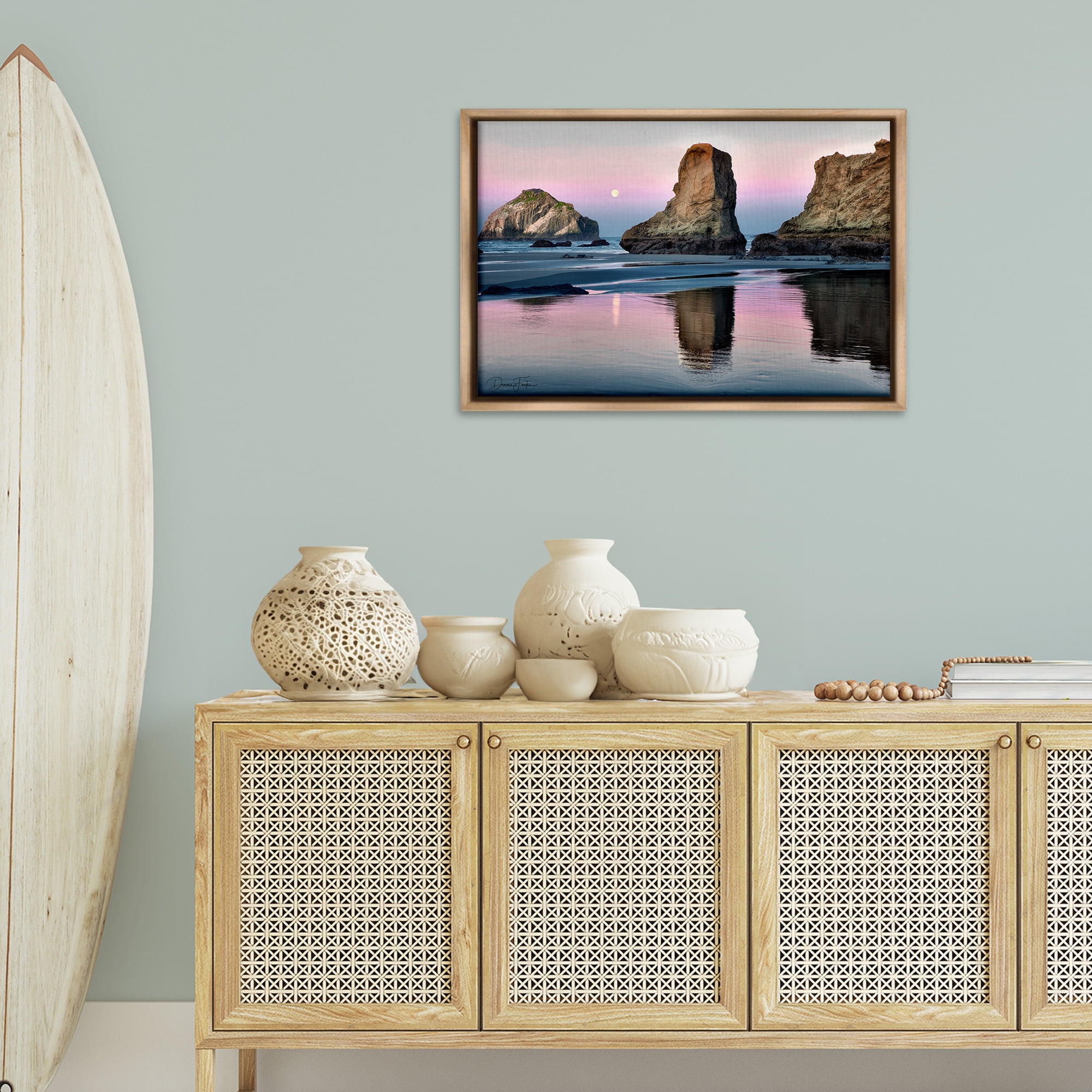Stupell Industries Moonlit Beach Cliffs Landscape Photography Brown Floater Framed Canvas Art Print Wall Art, 31 x 21