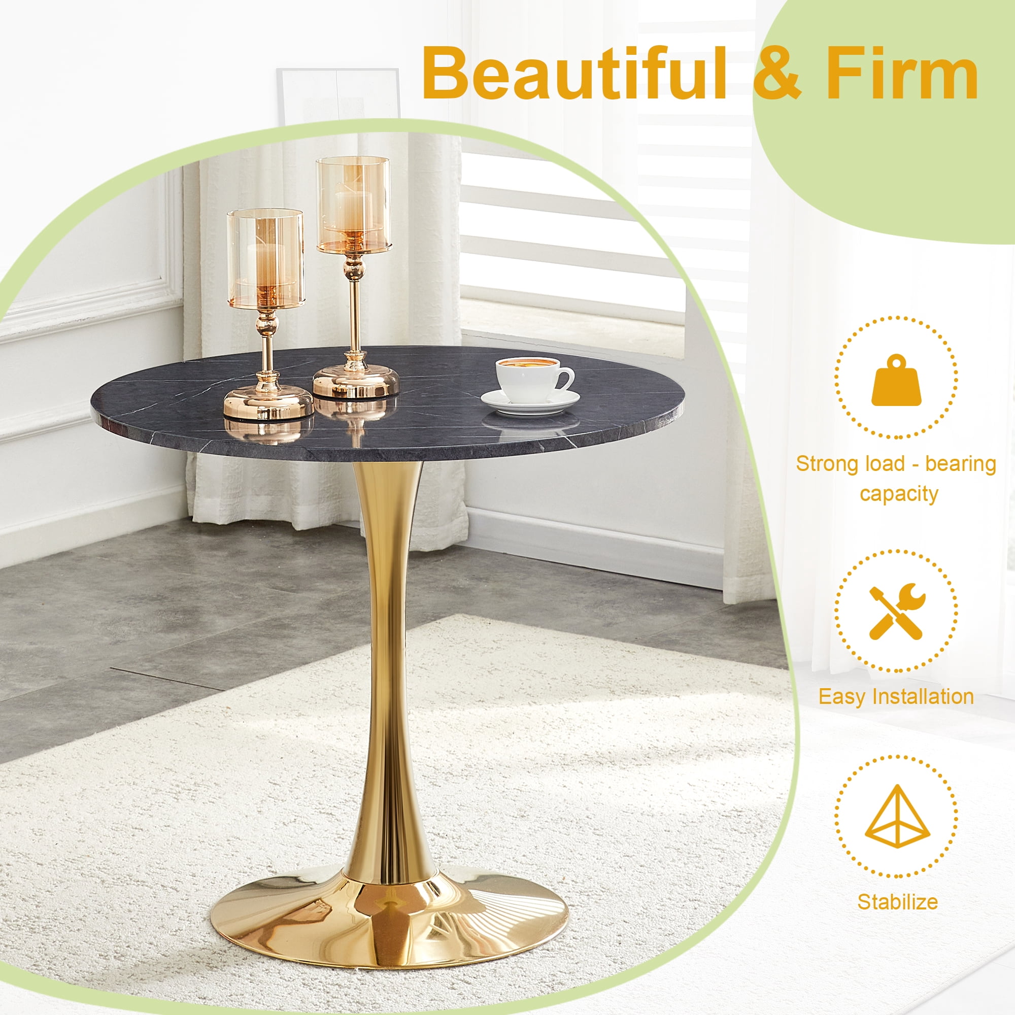 Miniyam 31.5" Round Kitchen Dining Table for 2–4 People, Small Space Pedestal Tulip Table with Engineered Wood Top, Black&Gold