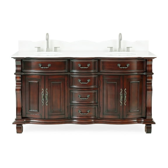 Benton Collection 64" Traditional Cherry Wood Bathroom Vanity with White Marble Top